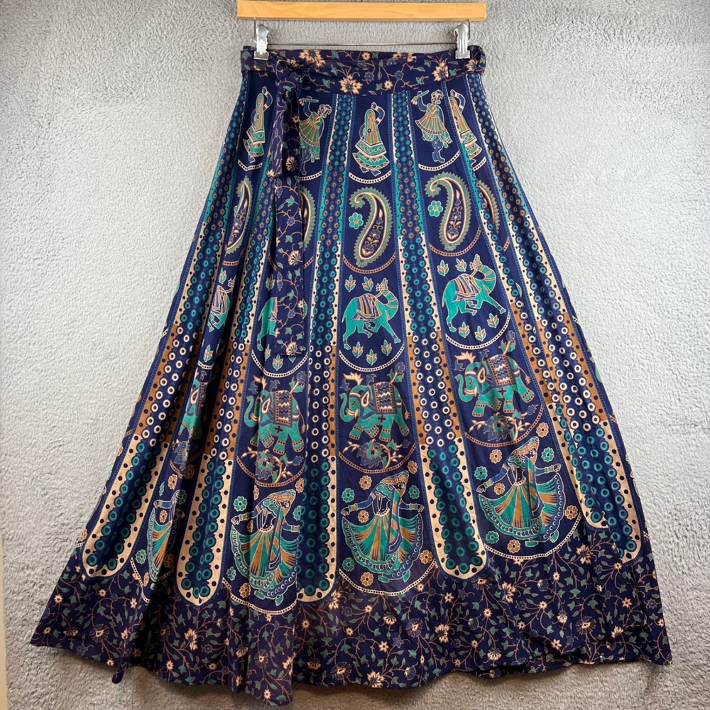 Geeta India Cotton Wrap Maxi Skirt Navy Teal Elephant Camel Print Free Size NWT